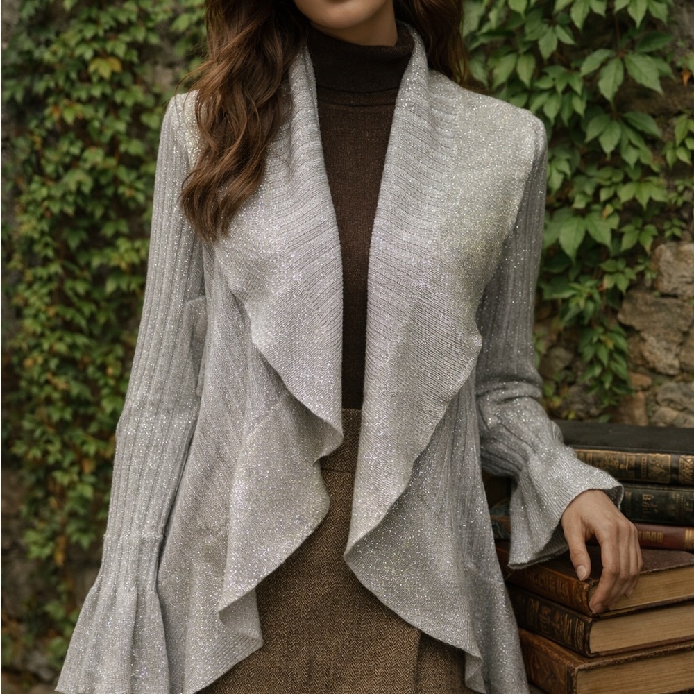 NWT PATCHINGTON Ruffle Accent Silver Metallic Open Cardigan, One Size